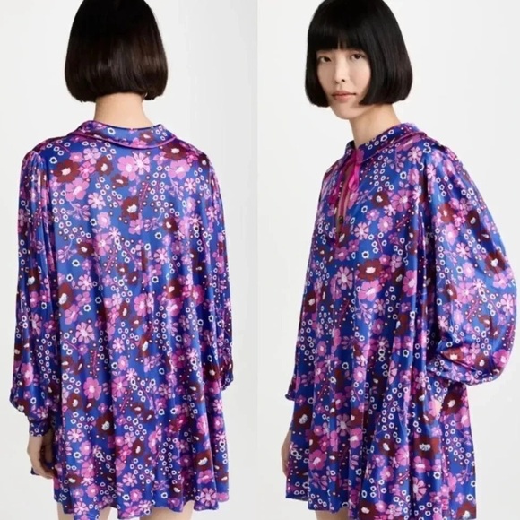 Free People Daisy Jane Long Sleeve Floral Print Mini Dress in Purple Sz M - Picture 1 of 10